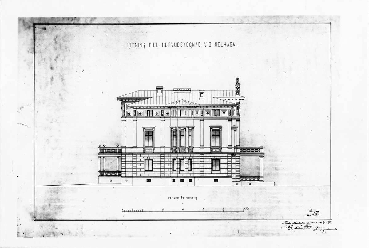Fotografi av ritning till Nolhaga slotts huvudbyggnad, västra fasaden. 
Ritningen är signerad av arkitekt Adrian C. Petersson, Göteborg, 1879. 
Enligt påskrift tillhör ritningen ett kontrakt utfört 5 maj 1879 och är signerat av Claes Adelskiöld.