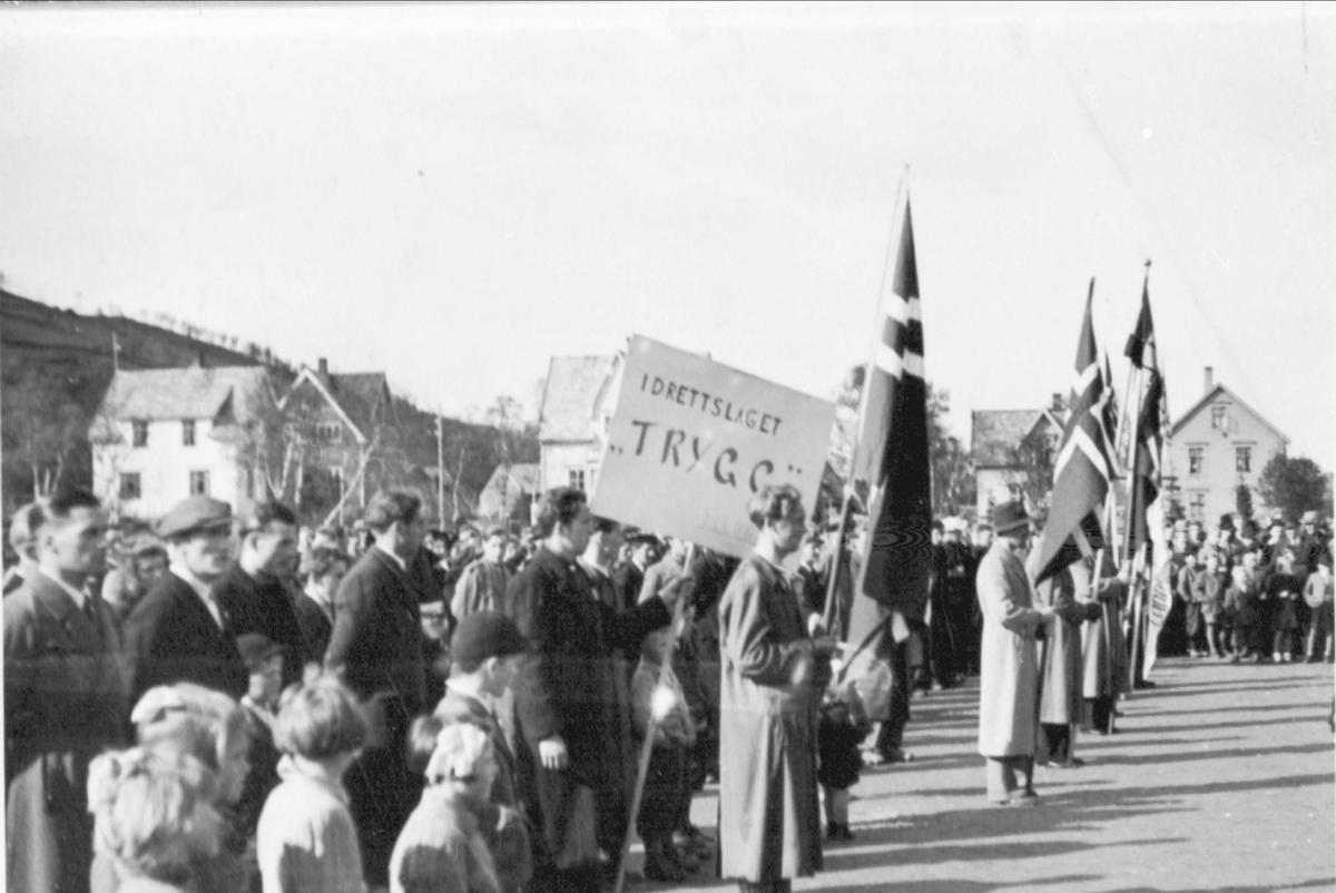 Oppstilling av folk med flagg på Harstad stadion.