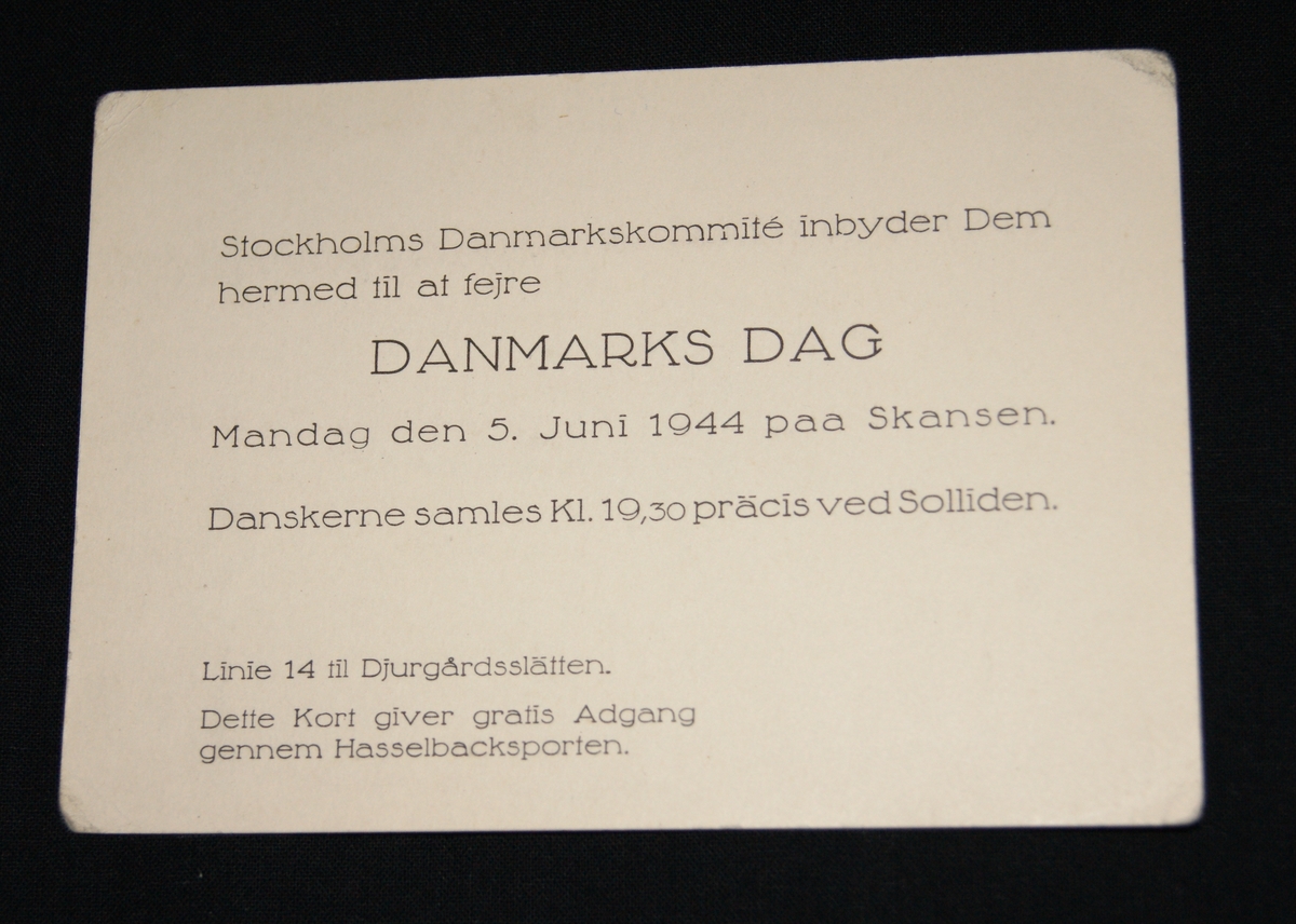 Inbjudan till firandet av Danmarks dag på Skansen, 5 juni 1944.