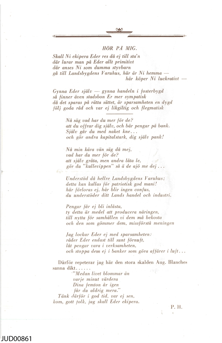 Pamflett med "ekiperingspoesi", skriven i marknadsföringssyfte.