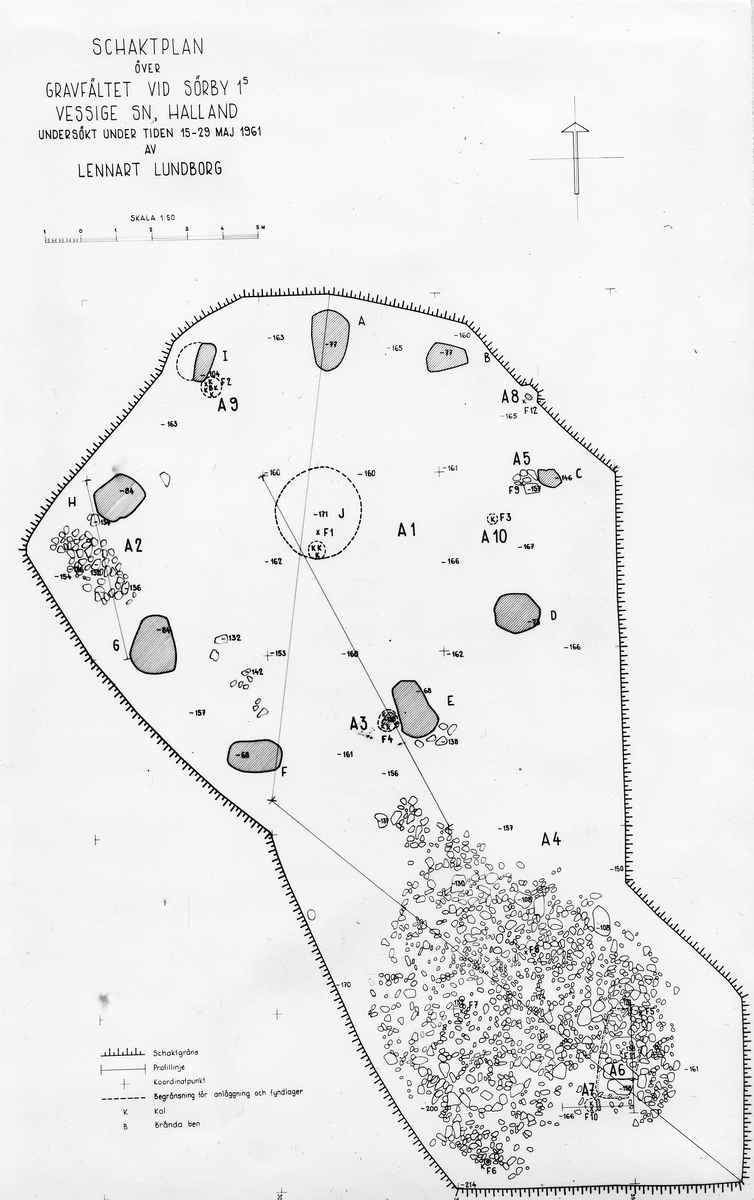 Vessige sn. Sörby.
Plan över det 1961 undersökta området av gravfältet.