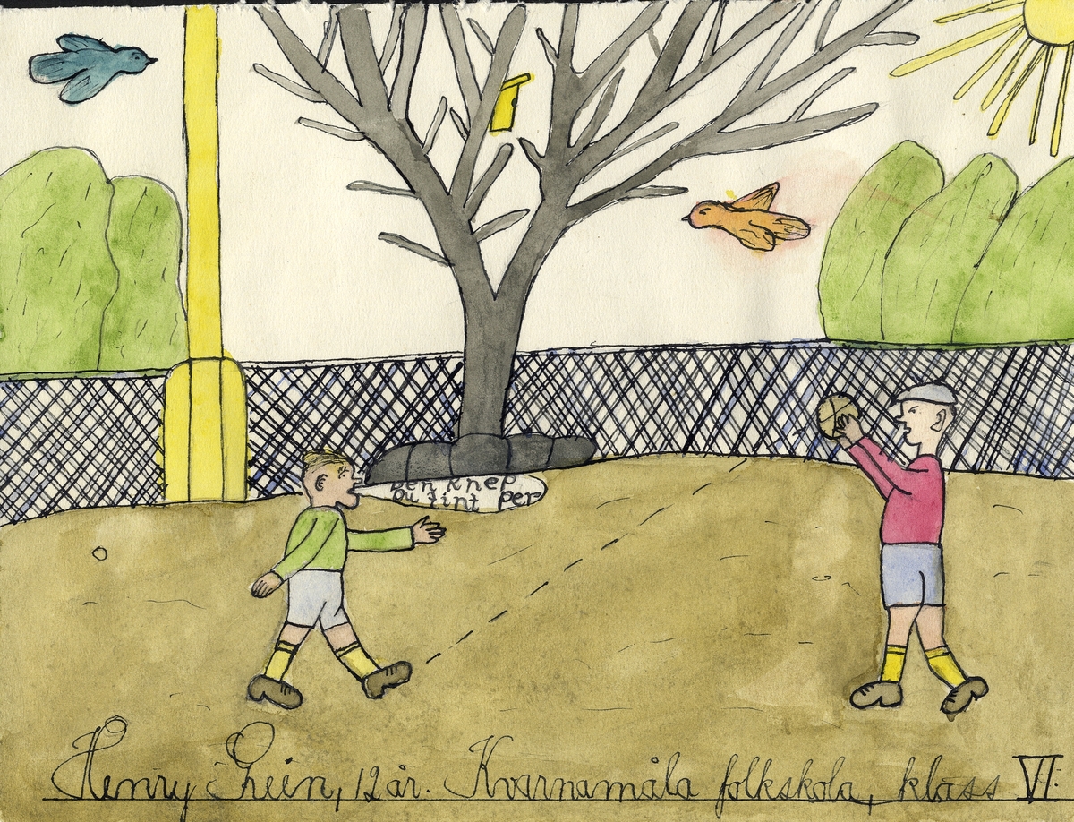 Barnteckning - akvarell.
"Livet i vår skola".
Sparka boll. 

Henry Gréen, Kvarnamåla skola, klass VI, 12 år. 

Inskrivet i huvudbok 1947.