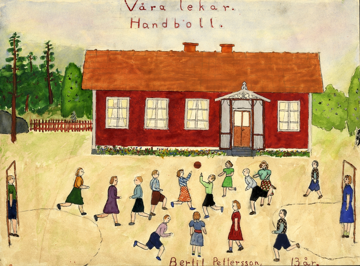 Barnteckning - akvarell.
"Våra lekar", 1945. 
Handboll.

Bertil Pettersson, Karsemåla skola, 13 år. 

Inskrivet i huvudbok 1947.