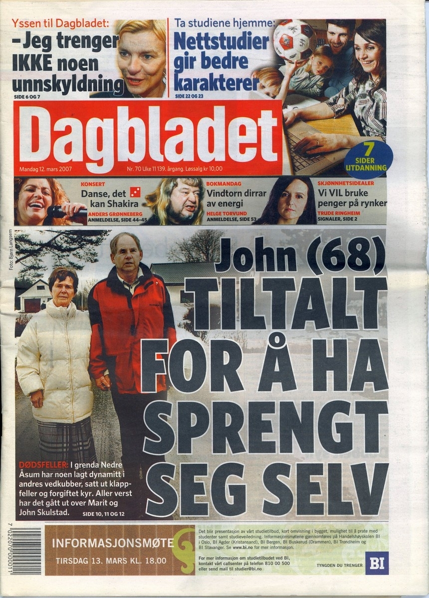 Avisframside av Dagbladet frå 12. mars 2007. Det spesielle med denne framsida er at den inneheld eit nynorskord for fyrste gong sidan iallfall 1972. Det aktuelle nynorskordet på framsida er "Dirrar".
