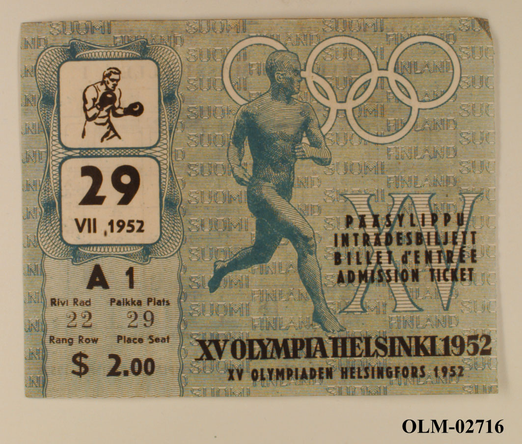 Inngangsbillett til boksekamp den 29.07.1952 i Helsinki.  Til venstre et bilde av en bokser, dato, setenummer, pris og et bilde av en sprinter med de olympiske ringene i bakgrunnen. På baksiden en oversikt over hallen.