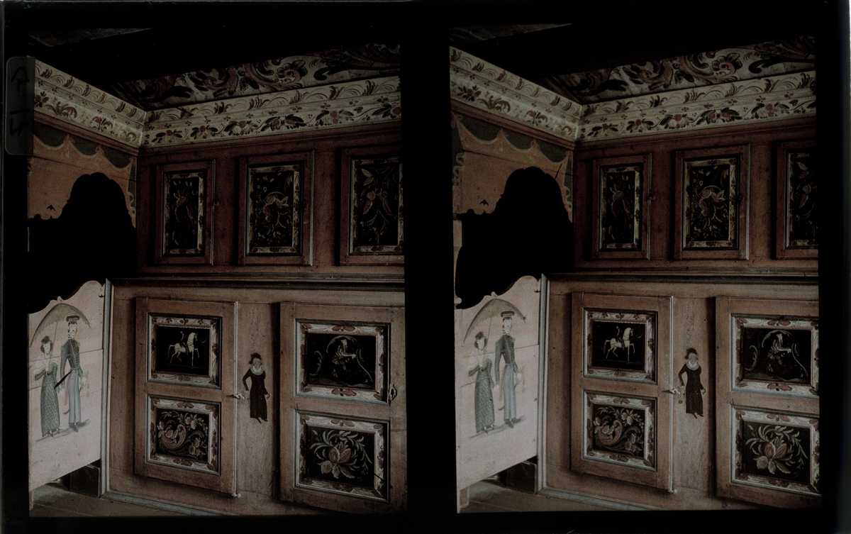 Telemark, Rauland. Gjuveland, interiør. Juli 1931. Tilhører Arkitekt Hans Grendahls samling av stereobilder.