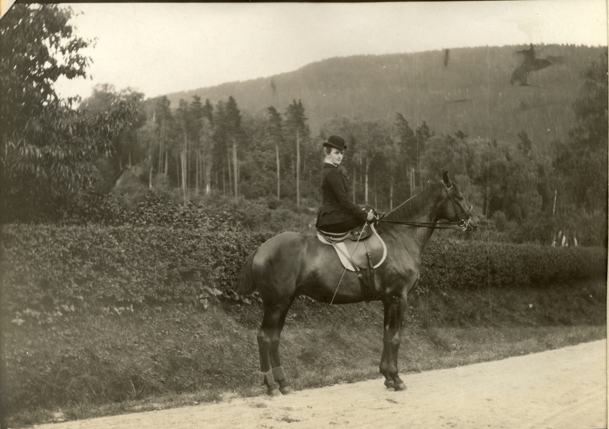 Nini Egeberg på hesten "Aiglon", trolig på Bogstad gårds eiendom. Fotografert 1909.