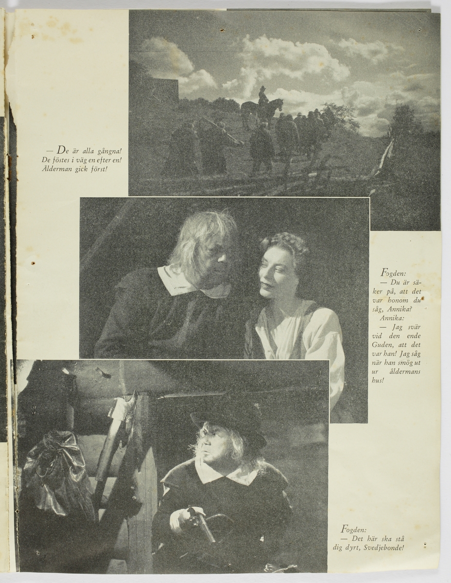En sida ur häftet "Rid i natt!" som beskriver bearbetningen och filmatiseringen av Vilhelm Mobergs roman. Utgiven av A,-B, Svensk Filmindustri.
