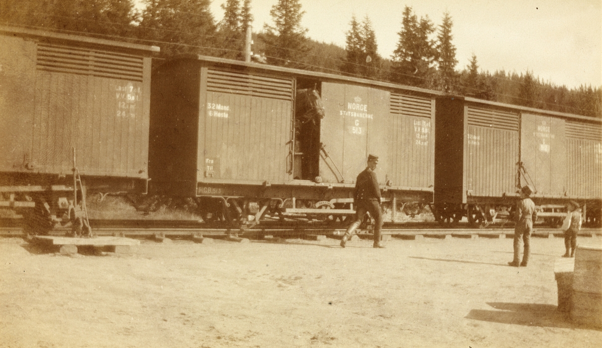 Togvogner med kavalerihester er ferdige til avgang fra Levanger stasjon etter feltøvelse i 1901. En kavalerist og to gutter er tilskuere.