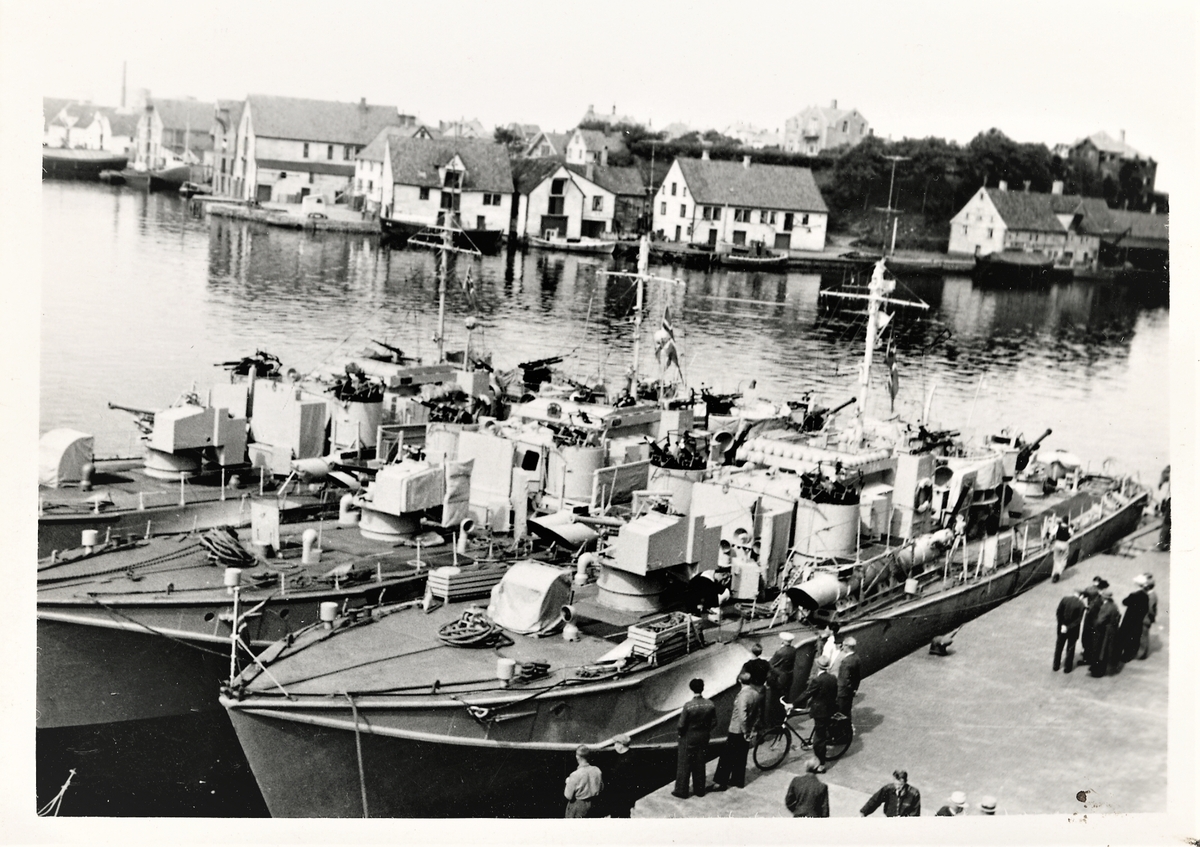En avdeling norske M.L. båter fulgte kronprinsen kysten rundt i 1945. Her ser v i båtene ligge til kai i  Haugesund. Kronprins Olav ankom Haugesund Olsokdagen den 29. juli 1945