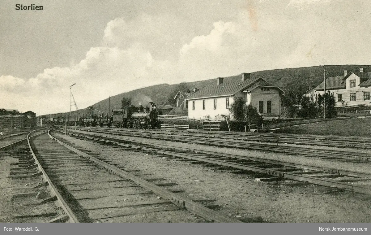 Damplokomotiv type 14a med godstog kjører inn på Storlien stasjon