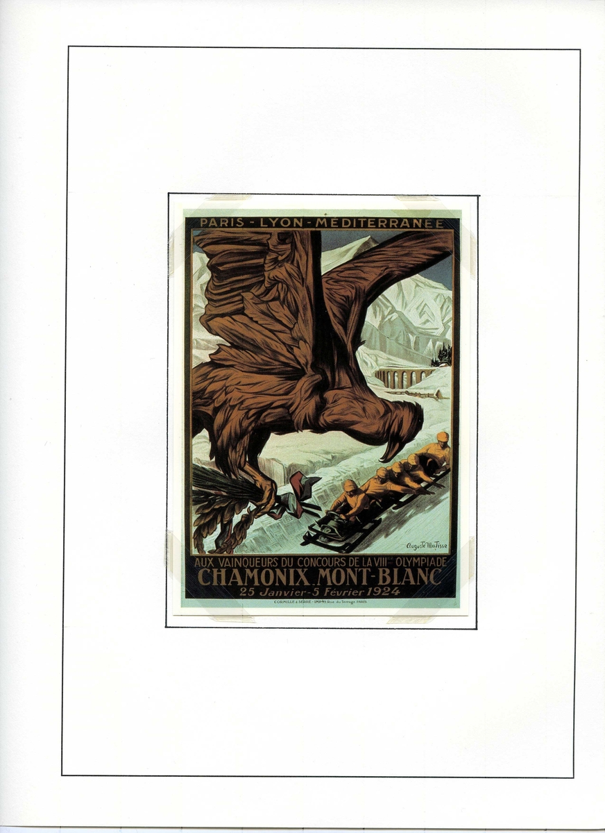 Ufrankert postkort fra de første olympiske vinterleker i Chamonix 1924. Postkortet viser en ørn som flyr over et bobanlegg med bobkjelke og fem utøvere. Snøbelagte fjell i bakgrunnen.
