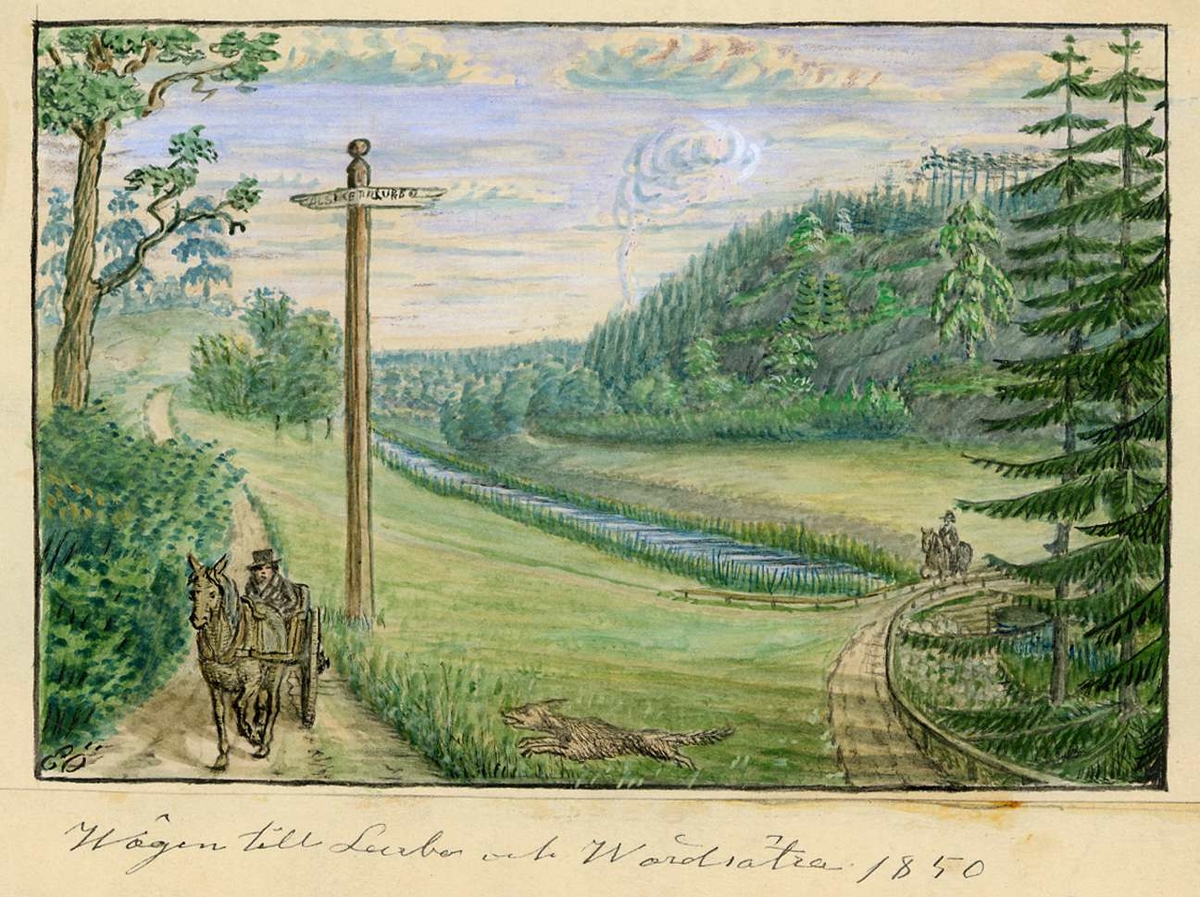 Landskapet i Hågadalen, man med häst och vagn vid vägskylt, en annan man rider över Lurbro bro över Håganån samt en springande hund, Uppsala 1850