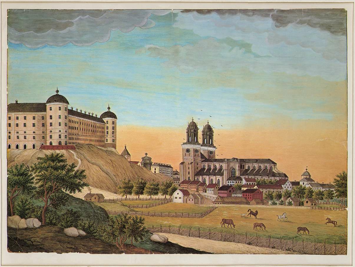 Vy över 1800-talets Uppsala med slottet, domkyrkan och kringliggande bebyggelse, i förgrunden hästhage.
