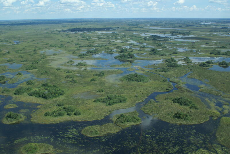 Flyfoto av Okavango deltaet som er en av verdens største våtmarker