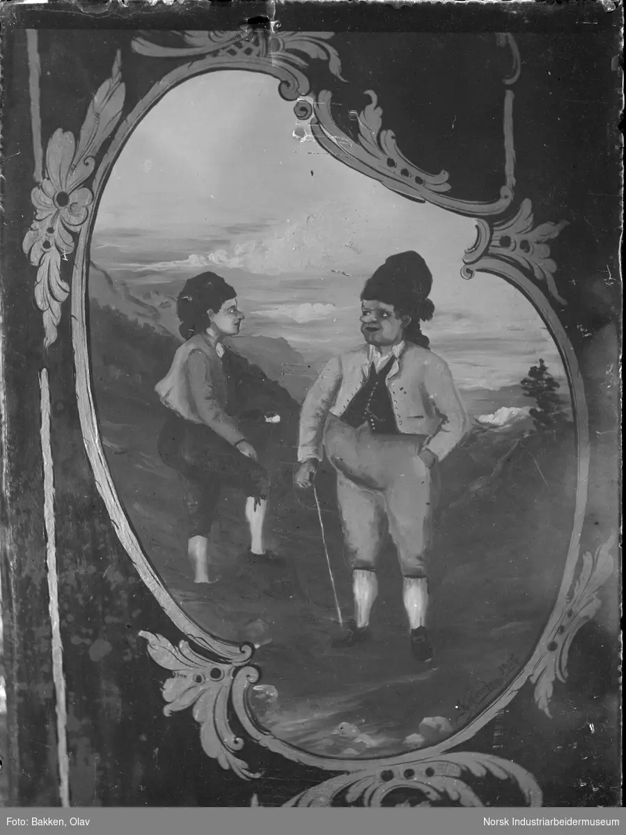 Avfotografert maleri. Motiv to menn som står i fjell landskap med roseborder rundt i en oval sirkel.