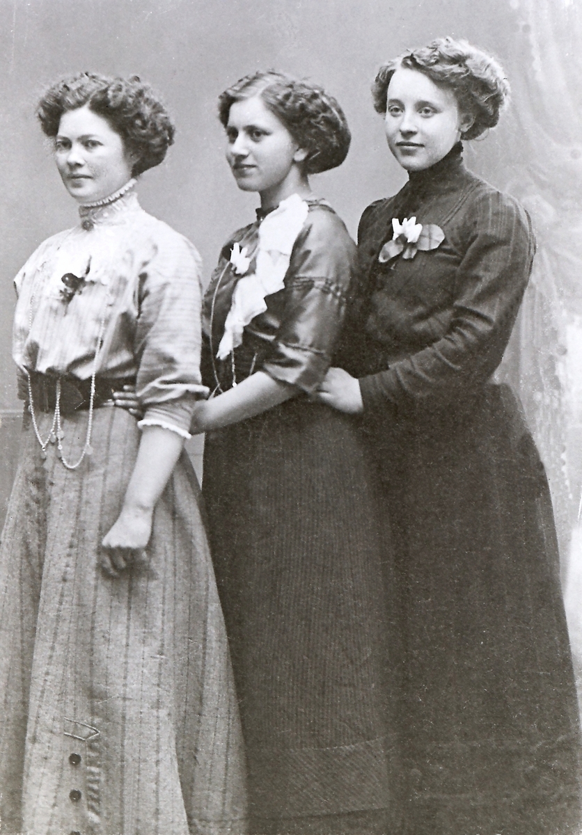 Tre staslige damer Borghild Mørk f. 1894 (nedre), Anna Torestuen (Lindvedt) f. 1895, Sofie Mørk f. 1894 (Kvenna) Damene er ca 17 - 18 år. Bildet tatt på Sørby i Efteløt.