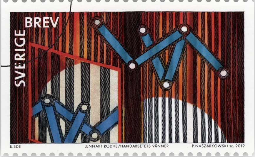 Ett självhäftande frimärke i häfte om 10 frimärken med fem olika motiv. Frimärket är en detalj, reproduktion av Lennart Rodhe "Tecken i arkivet" (1970). Brevporto motsvarande valör 6 kr.