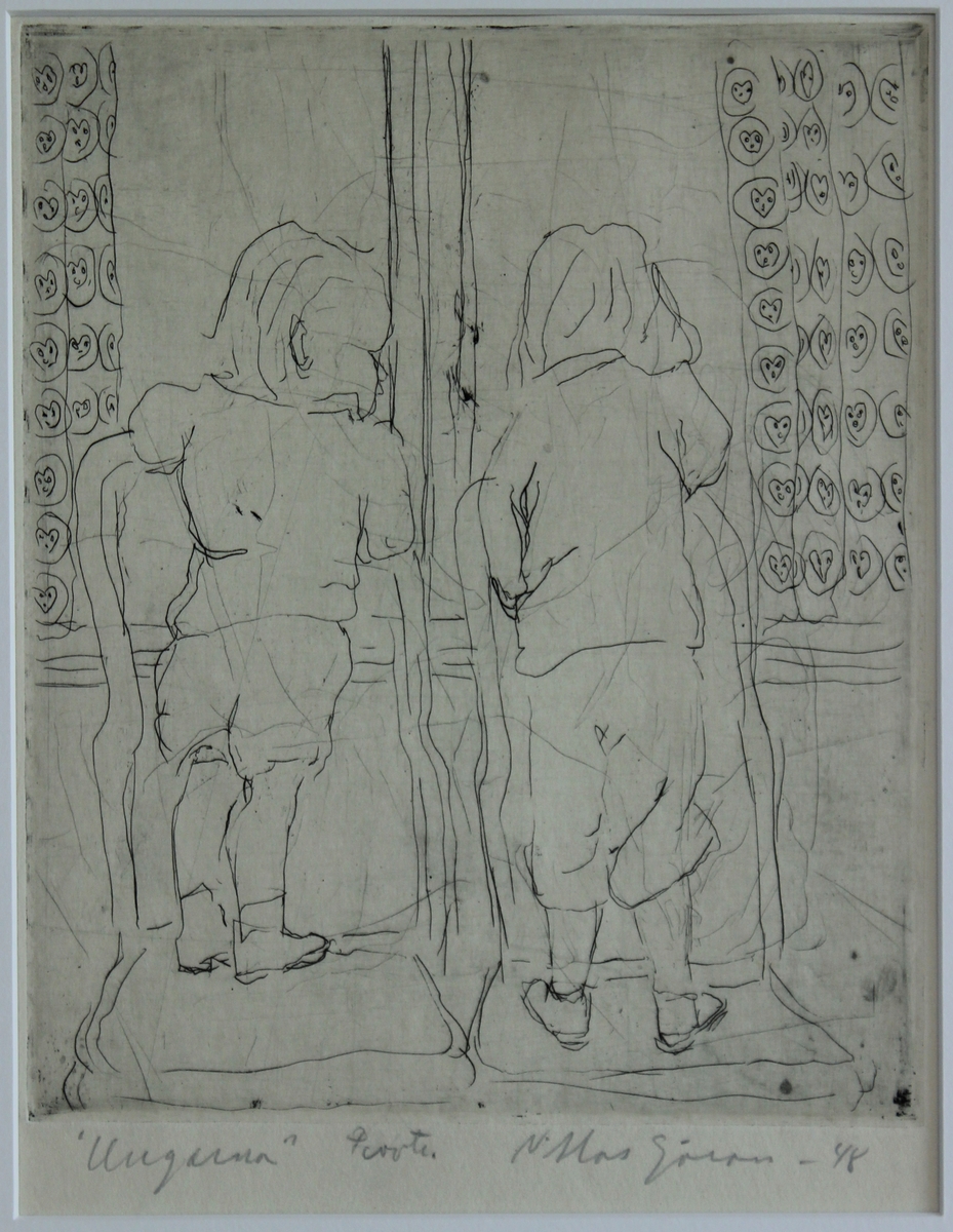 Etsning i stående format föreställande två barn stående på varsin stol tittande ut genom fönster. Ryggarna mot betraktaren.