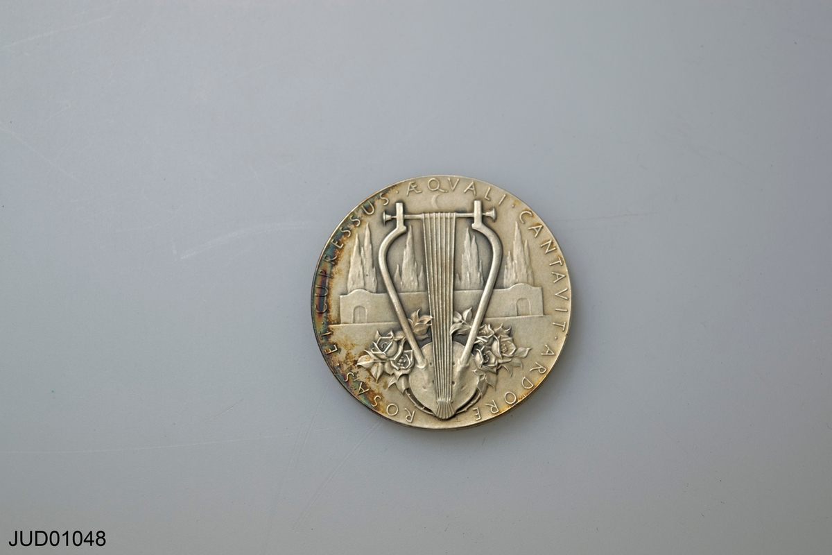Silvermedalj, framsida dekorerad med Oscar Levertin i profil. Baksida lyra samt citat på latin.