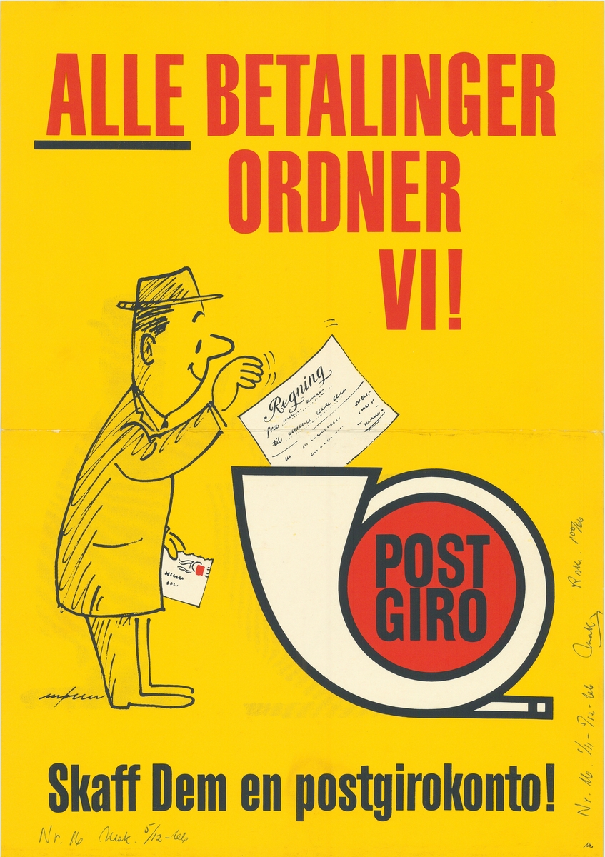 Tosidig plakat med gul bunnfarge, tegning av mann og logomerke til Postgiro, likt motiv på begge sider. Tekst på bokmål på ene siden, og nynorsk på andre siden.