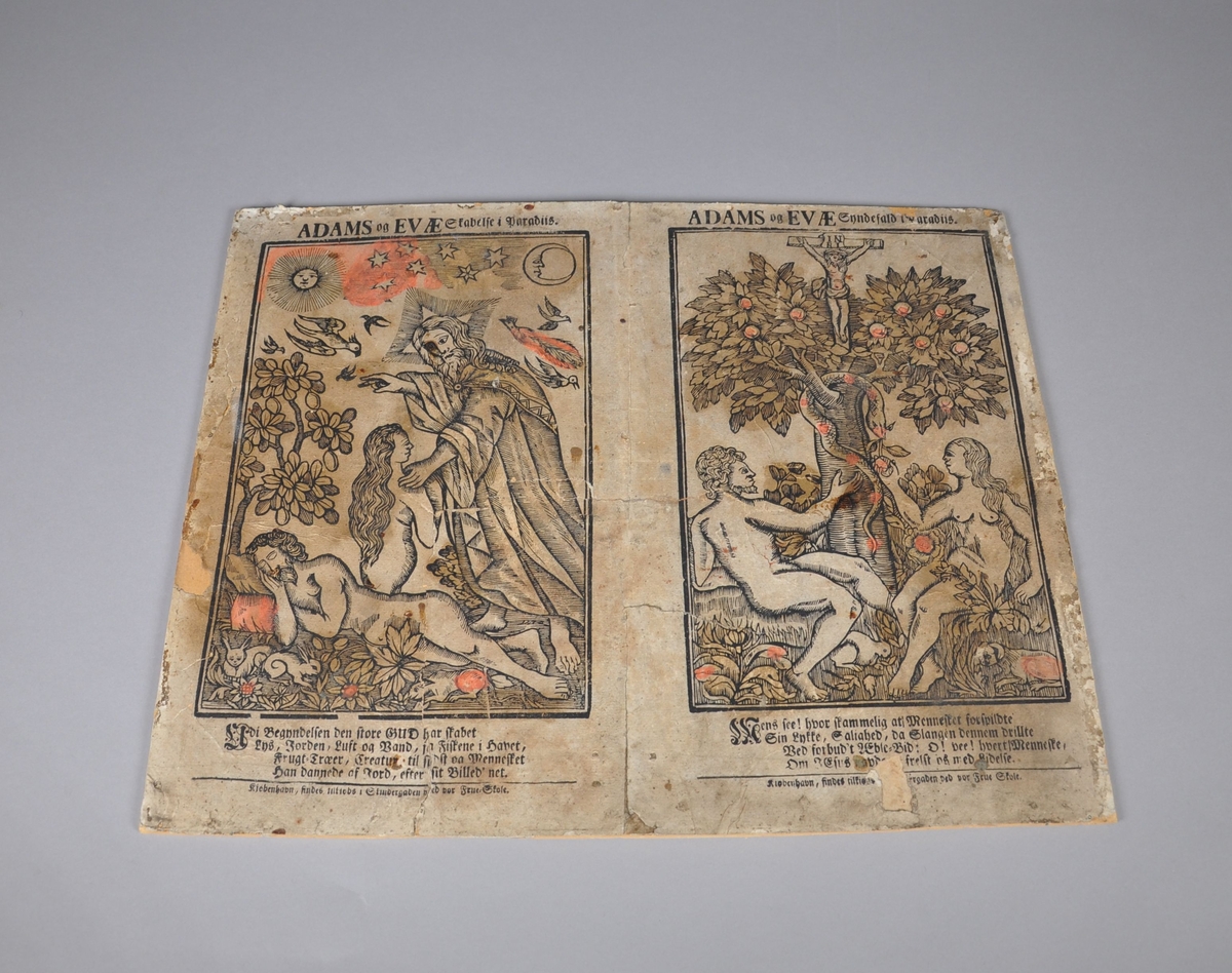 Fotostatkopi med motiv av Adam og Evas skapelse i Paradiset og syndefallet. Det originale trykket er magasinert. 