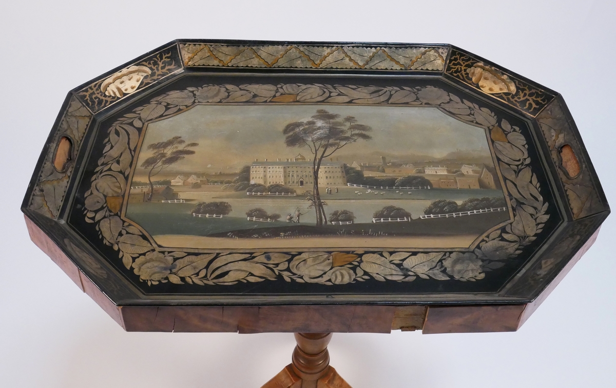 Vändbord med målad metallbricka med italiensk landskapsbild.