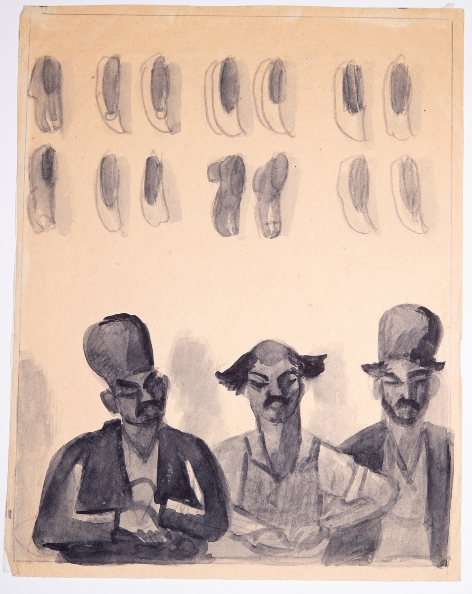 Skomakeri. På väggen hänger olika skor i rader, längst ner i bilden sitter tre män. 

Mannen till höger har den typ av väst som skomakare traditionellt bär. Hans hatt, av samma typ som mannen till vänster bär, tyder på välstånd. Mannen till vänster är troligen kund. Mannen i mitten saknar uvudbonad vilket tyder på lägre rang, kanske är han anställd i skomakeriet.