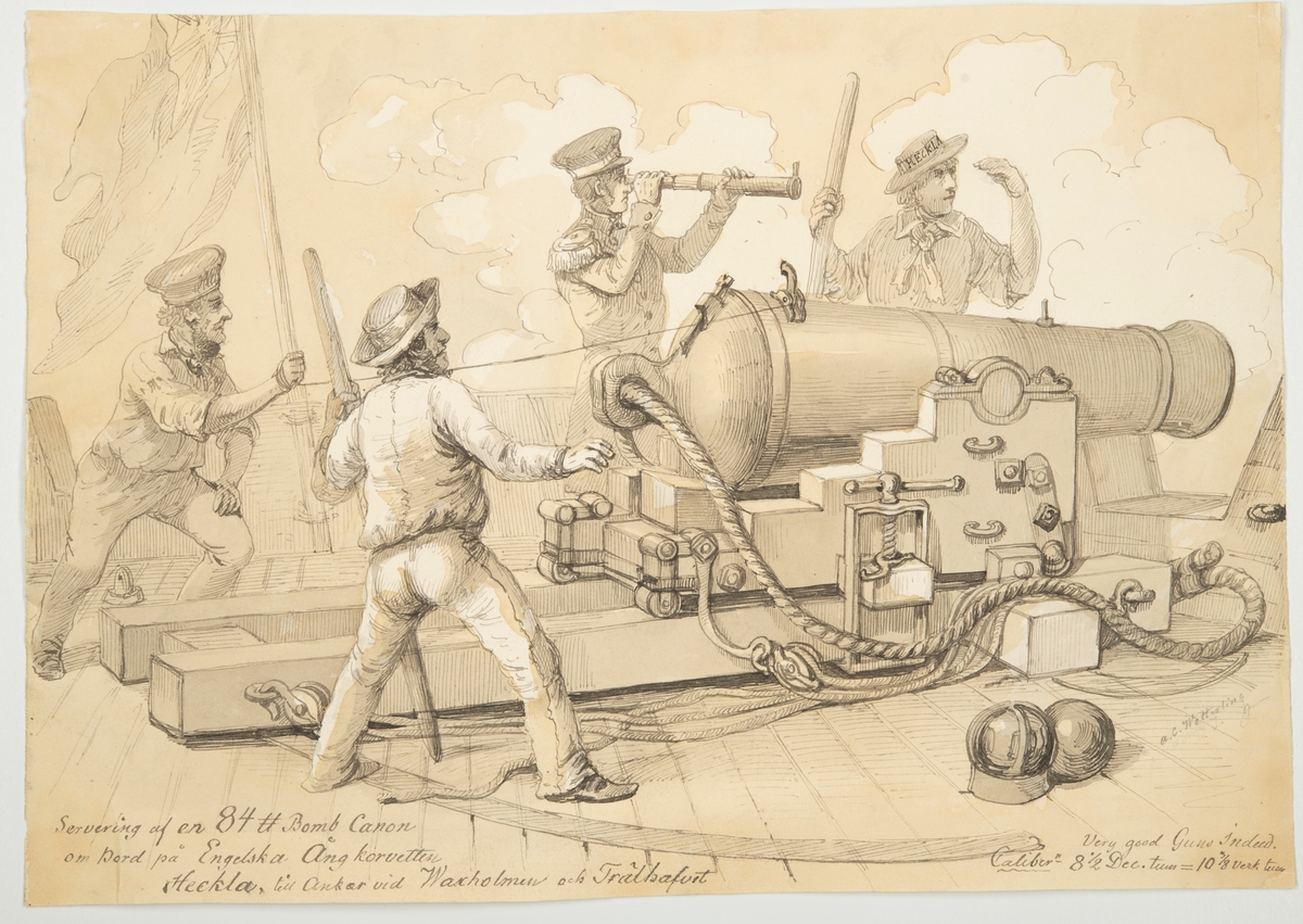 Teckningen visar fyra personer vid en kanon, en av personerna drar i ett snöre till avtryckaren och en officer blickar framåt.