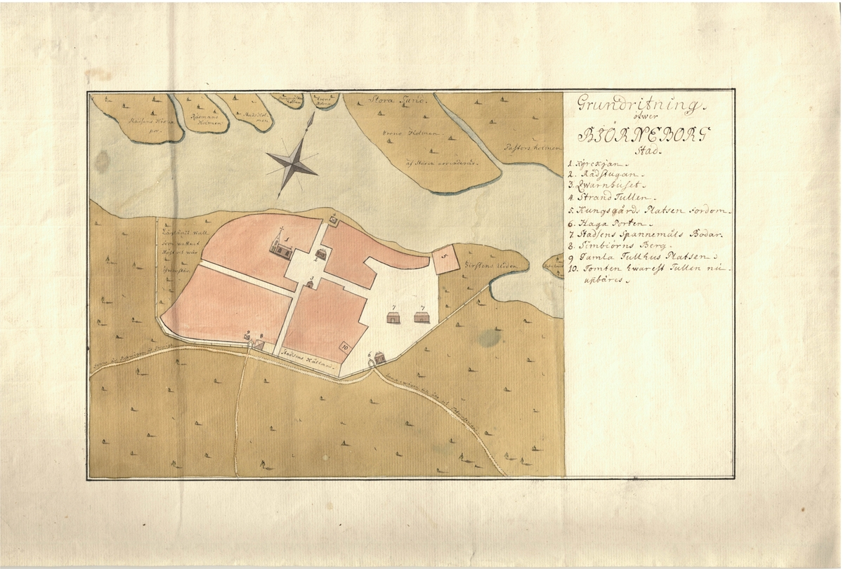 Ritning över Björneborgs stad. Från mitten av 1700-talet. Ritad för hand och färglagd.