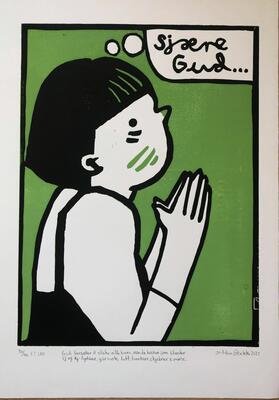 Kunst av Andreas Brekke. Linotrykk av jente som folder hendene og ber "Sjære Gud". Tittelen under er: "Gud forsøker å elske alle barn, men de barna som blander sj og kj- lydene, går nok litt hardere skjebner i møte" (Foto/Photo)