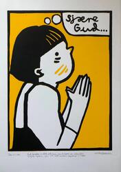 Kunst av Andreas Brekke. Linotrykk av jente som folder hendene og ber "Sjære Gud". Tittelen under er: "Gud forsøker å elske alle barn, men de barna som blander sj og kj- lydene, går nok litt hardere skjebner i møte" (Foto/Photo)
