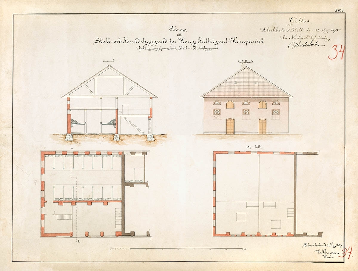 Ritning till stal- och förrådsbyggnad för Kongl Fältsignalkompaniet 5 maj 1875