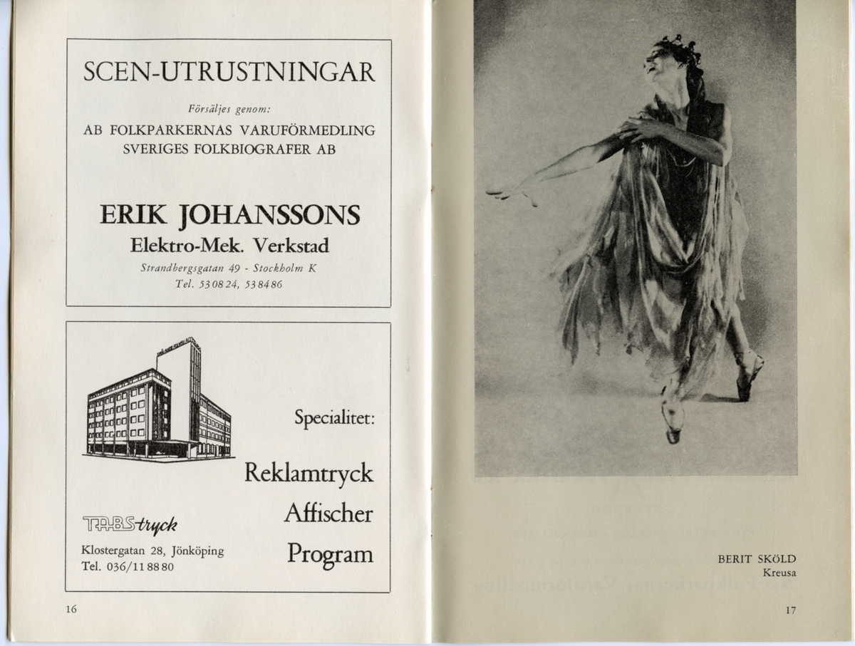Program för Svenska teatern med gästspel av Kungliga teatern. 

En balettafton i fyra avsnitt. Invitation till dans, Divertissement, Vaduvill (Enjoy yourself) och Medea. Innehåller information om föreställningen och reklam.
