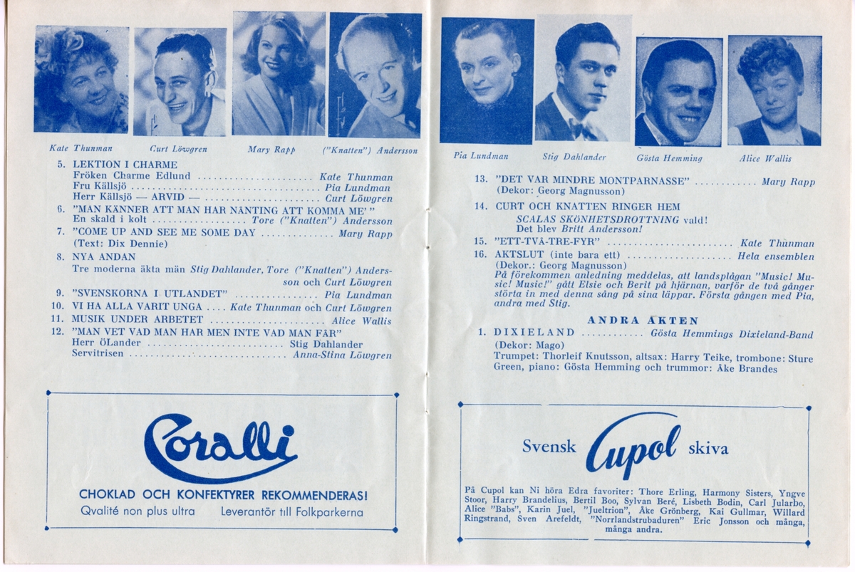 Program för Folkets Park och Scalarevyns uppsättning av "Revy Sex" från 1950. Innehåller information om föreställningen och reklam.