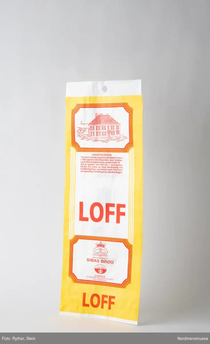 Papirpose for loff. Tegning med tekstomtale av Christiegården, 1983.