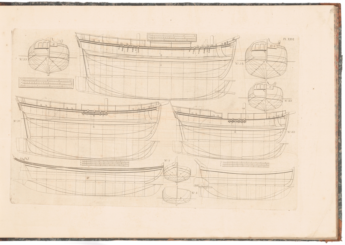 Slup (ritning nr 1), barkass (nr 4) och tre barkskepp (nr 38, 39 och 40). Profil-, spant- och linjeritningar,