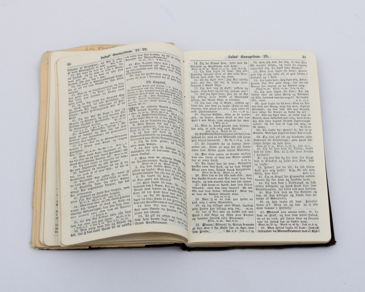 Det nye testamentet og Salmernes Bog, i med myke permer og gotisk skrift med tittel i gullbokstaver