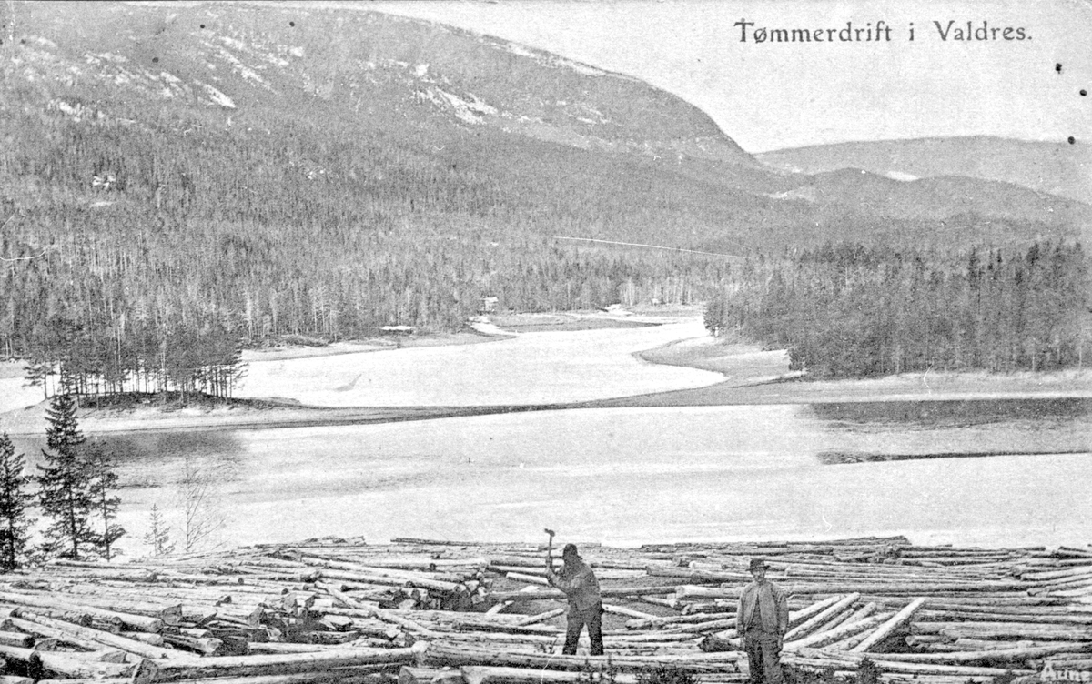 Postkort med motiv av tømmerdrift i Valdres.
