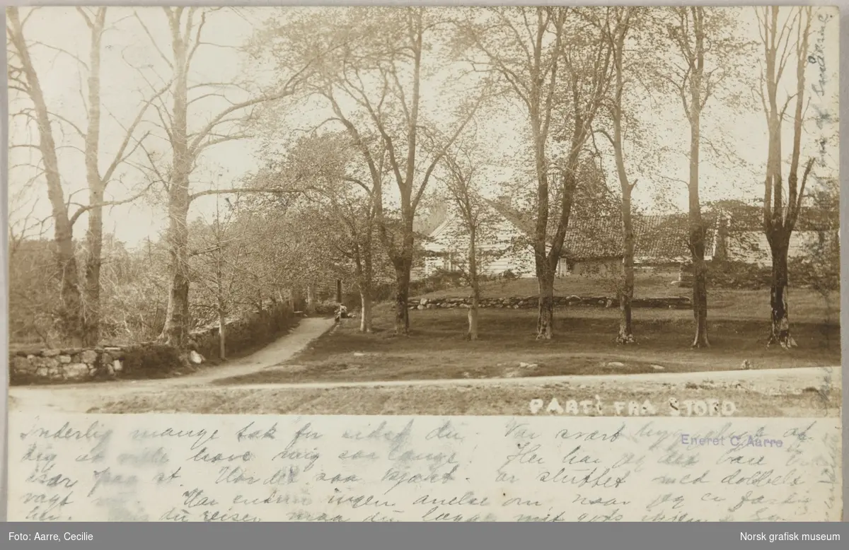 Postkort med motiv fra en park omgitt av bøketrær og små steingarder på Stord.