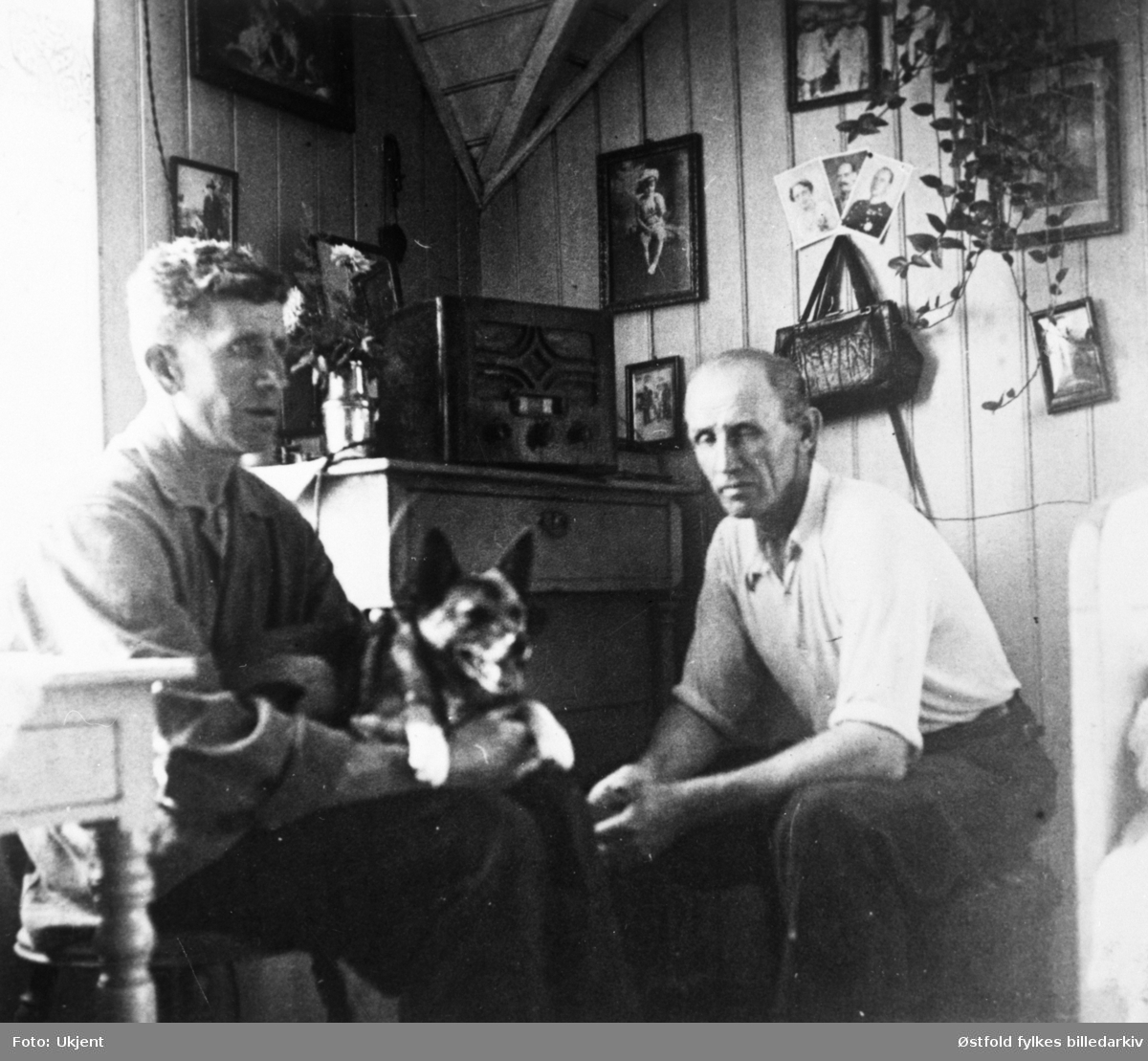 Brødrene Hans og Kr. Wergeland, Glombo på Kråkerøy, og  hund mens de lytter til radioapparat som var gjemt i appelsinkasse under 2. verdenskrig.