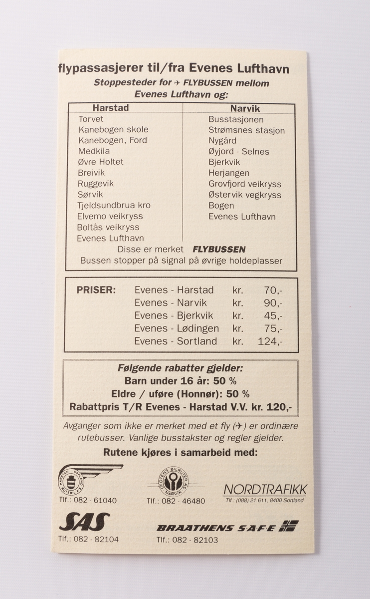 Rutetabell for flybussen mellom Harstad og Evenes, Narvik og Evenes og Sortland og Evenes for 1992