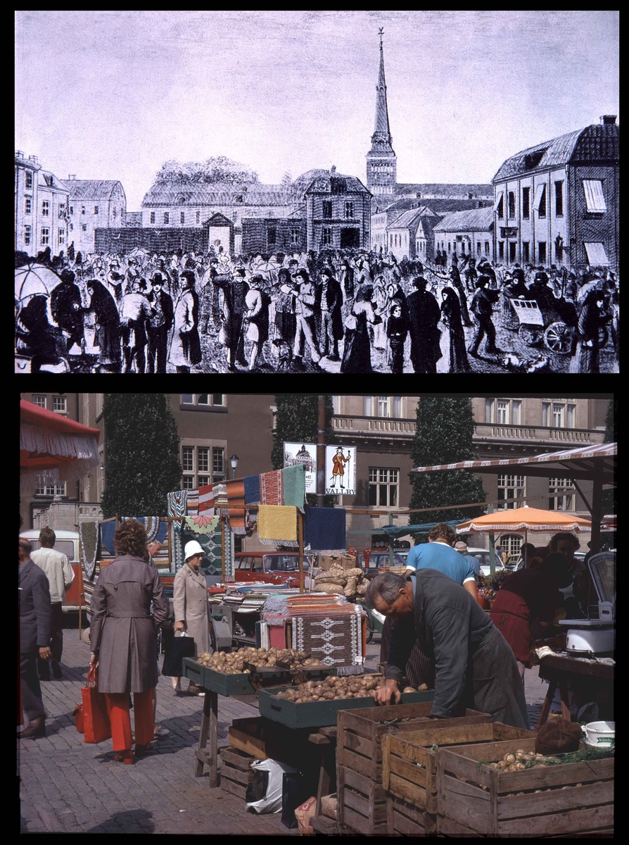 Övre bild: Teckning av "1879 års torg och folkliv." Nedre bild: ”1970 års på samma plats” 