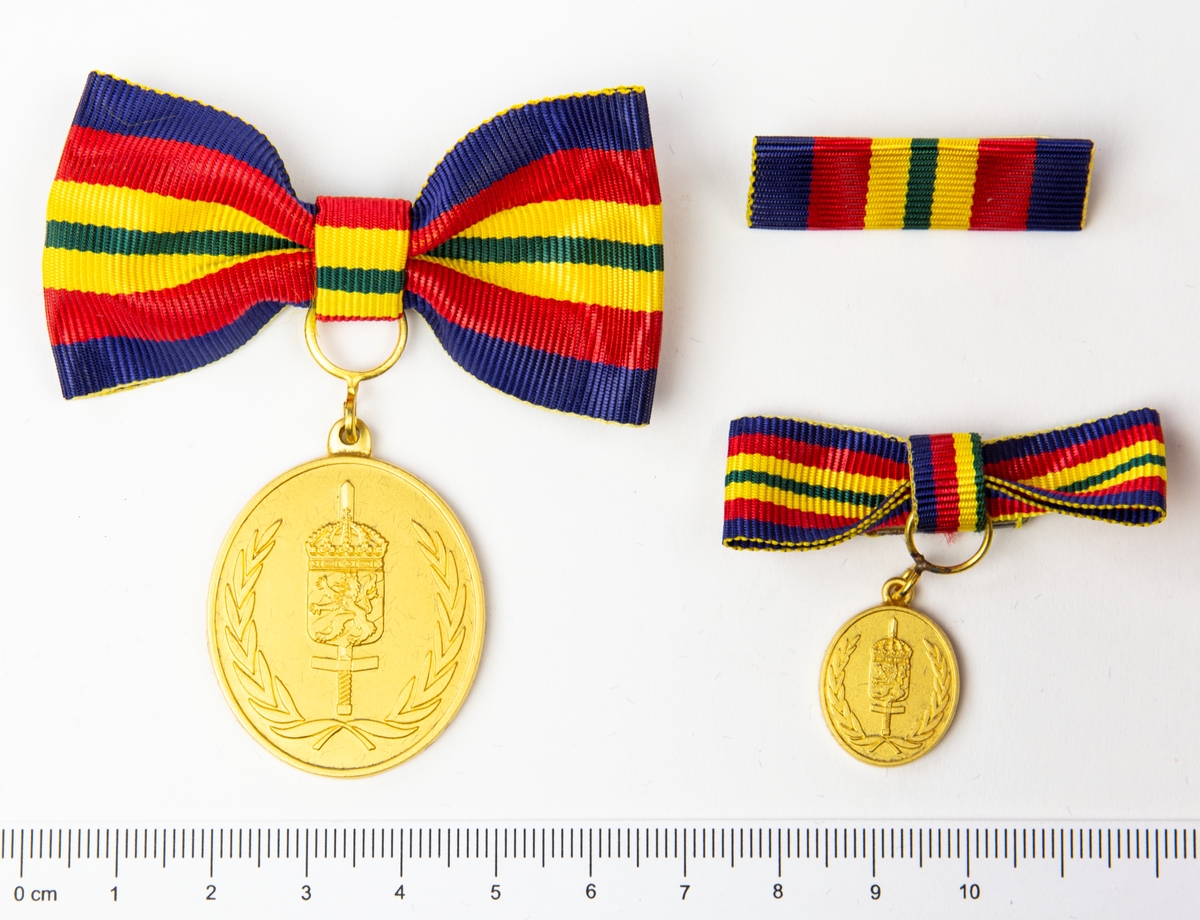2 st medaljer och 1 st utmärkelsetecken. Framsida med lagerkrans, svärd och heraldiskt vapen. Bandet är utformat som rosett. Förvaras i originalask.