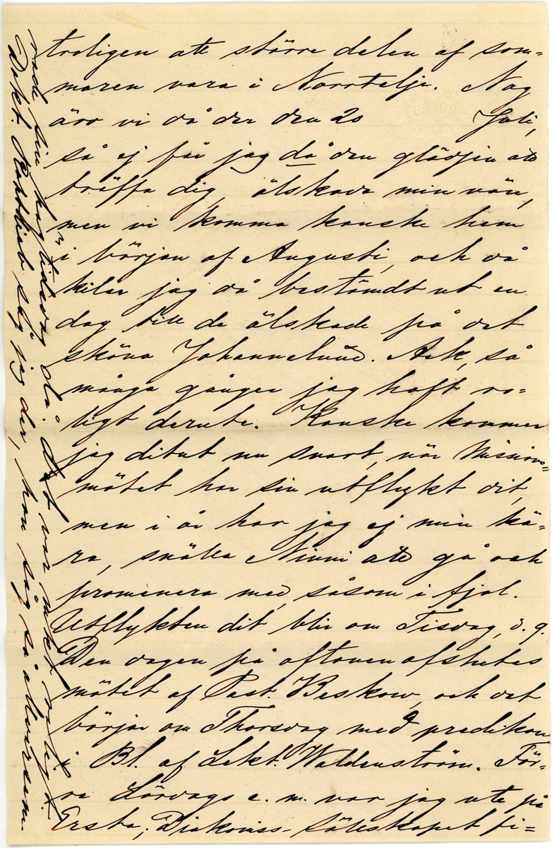 Brev skrivet 1874-06-02 av Fredrique Hammarstedt till sin dotted Nini (Ellen) Hammarstedt. Brevet består av fem sidor text skrivna på ett två pappersark. Brevet hittades utan kuvertet. Handskrivet i svart bläck.