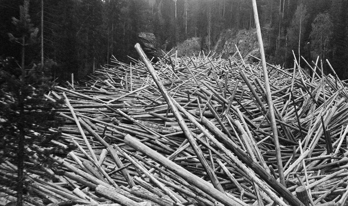 Tømmerhaug eller tømmervase i elva Åsta i Åmot i Hedmark, Fotografiet oppgis å være tatt våren 1936 i nærheten av småbruket Hemstad, antakelg i det såkalte Fallet, der elva renner gjennom berglendt terreng. Dette fotografiet vser hvordan tømmeret, når noen stokker kom på tverke og satte seg fast, kunne bli stuvet sammen i digre hauger som blokkerte passasjen for alt tømmer som kom fra ovenforliggende skoger. Her ble det en krevende og ikke helt ufarlig oppgave for fløterne å få revet haugen, stokk for stokk, mens det ennå var såpass vannføring at det var mulig å få tømmeret til å flyte videre nedover mot Glomma. I den nedre delen av Åsta fantes det ingen dammer, og fløterne hadde derfor ingen mulighet for å bygge opp vannmagasiner og dermed spare vann til haugen var revet.