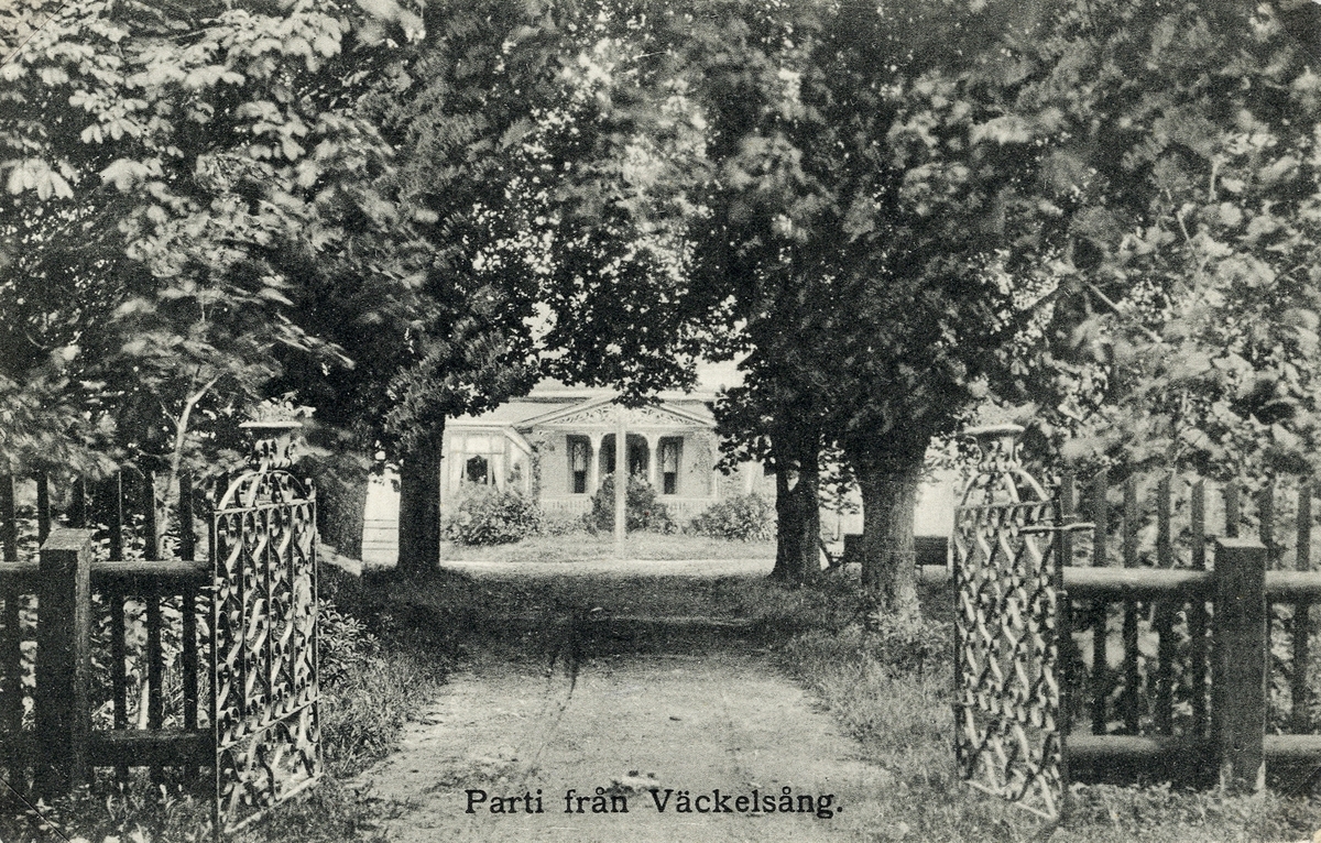 Parti från Väckelsång. Vy genom en kort allé mot ett bostadshus med veranda, 1913.
Troligen Väckelsångs prästgård.