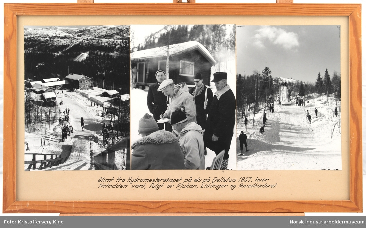 Glimt fra Hydromesterskapet på ski på Fjellstua 1957, hvor Notodden vant, fulgt av Rjukan, Eidanger og Hovedkontoret.  Første bilde: Skihopper letter fra hoppbakken ned til tilskuere. Fjellstua i bakgrunn. Andre bilde: Menn sitter og står i snøen, i bakgrunn en husbygning. Den ene mannen med skyggelue og pipe skriver i en bok. Tredje bilde: Skibakken sett fra Fjellstua og opp. Mennesker som står langs bakken.