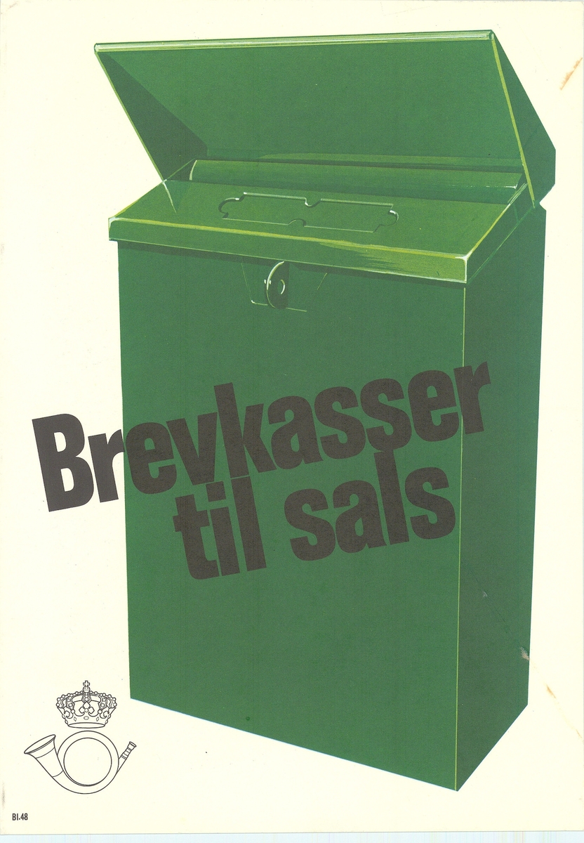 Plakat med hvit bunnfarge, og motiv av postkasse. Plakaten er tosidig med tekst på bokmål og nynorsk.