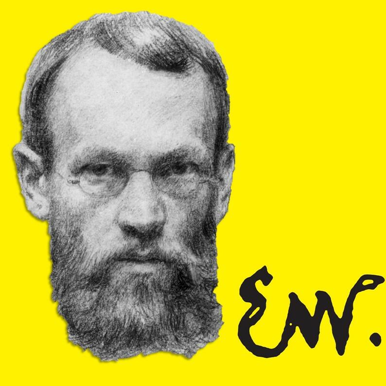 Design til utstillingen "Hjemland. Erik Werenskiold og Kongsvinger 1855-1905". Knall gul bakgrunn. En tegning av en ung Erik Werenskiold, kun hodet, tar opp store deler av flaten. Nederst i venstre hjørnet er signaturen til Erik Werenskiold, "E.W."